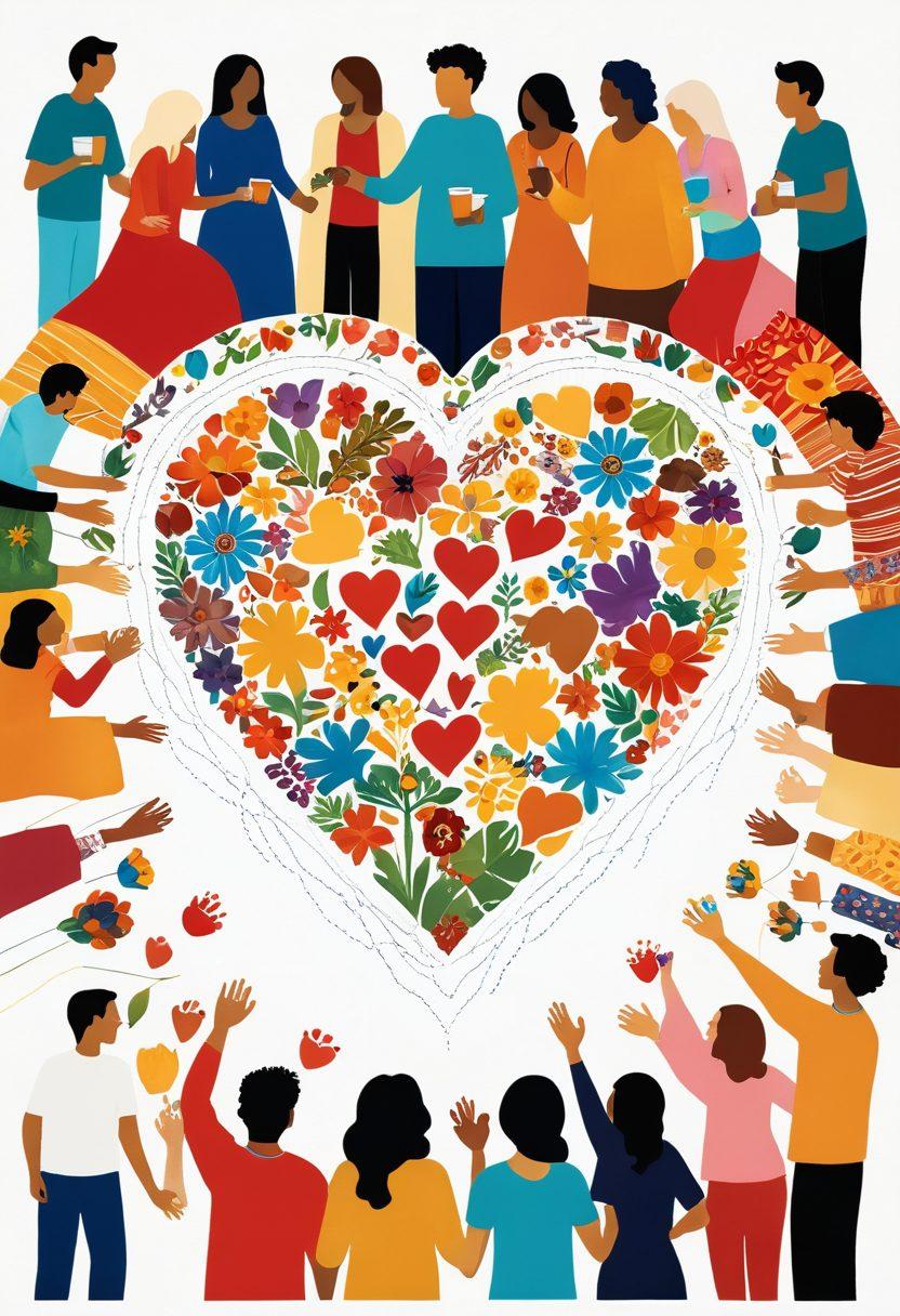 A heart-shaped collage depicting diverse moments of love and friendships, including a couple holding hands, friends laughing together, and families sharing a meal. Surround this central heart with symbolic elements like flowers, community icons, and connection lines forming a network. Use warm and inviting colors to evoke a sense of warmth and togetherness. super-realistic. vibrant colors. white background.