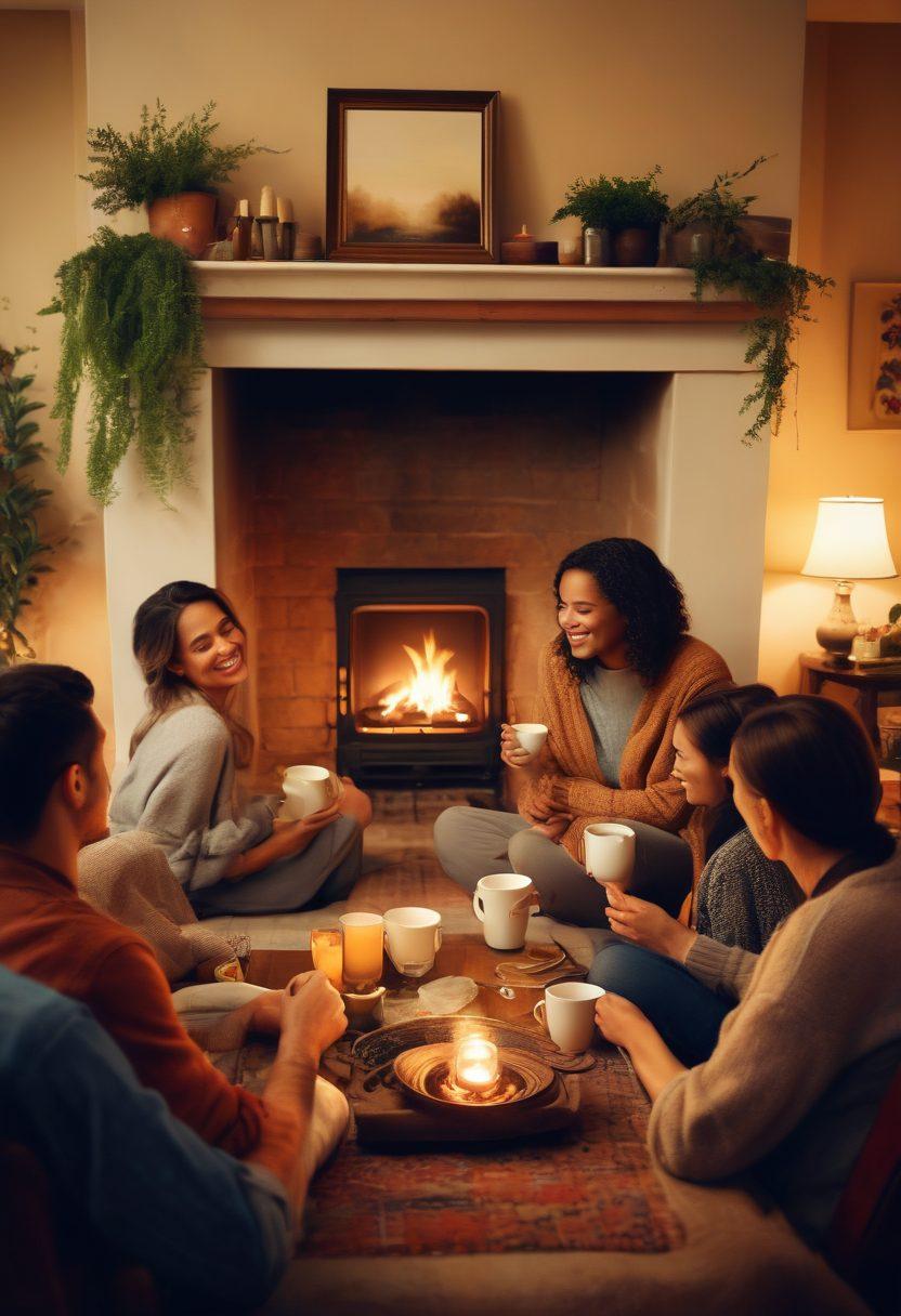 A heartfelt scene depicting a diverse group of friends and family gathered around a cozy fireplace, sharing laughter and stories, surrounded by warm lighting and soft textures. Include visual elements like a cup of steaming tea, photographs on the walls, and vibrant plants in the background to enhance the intimate atmosphere. Capture the warmth of connection and love through their expressions. super-realistic. warm colors. cozy ambiance.